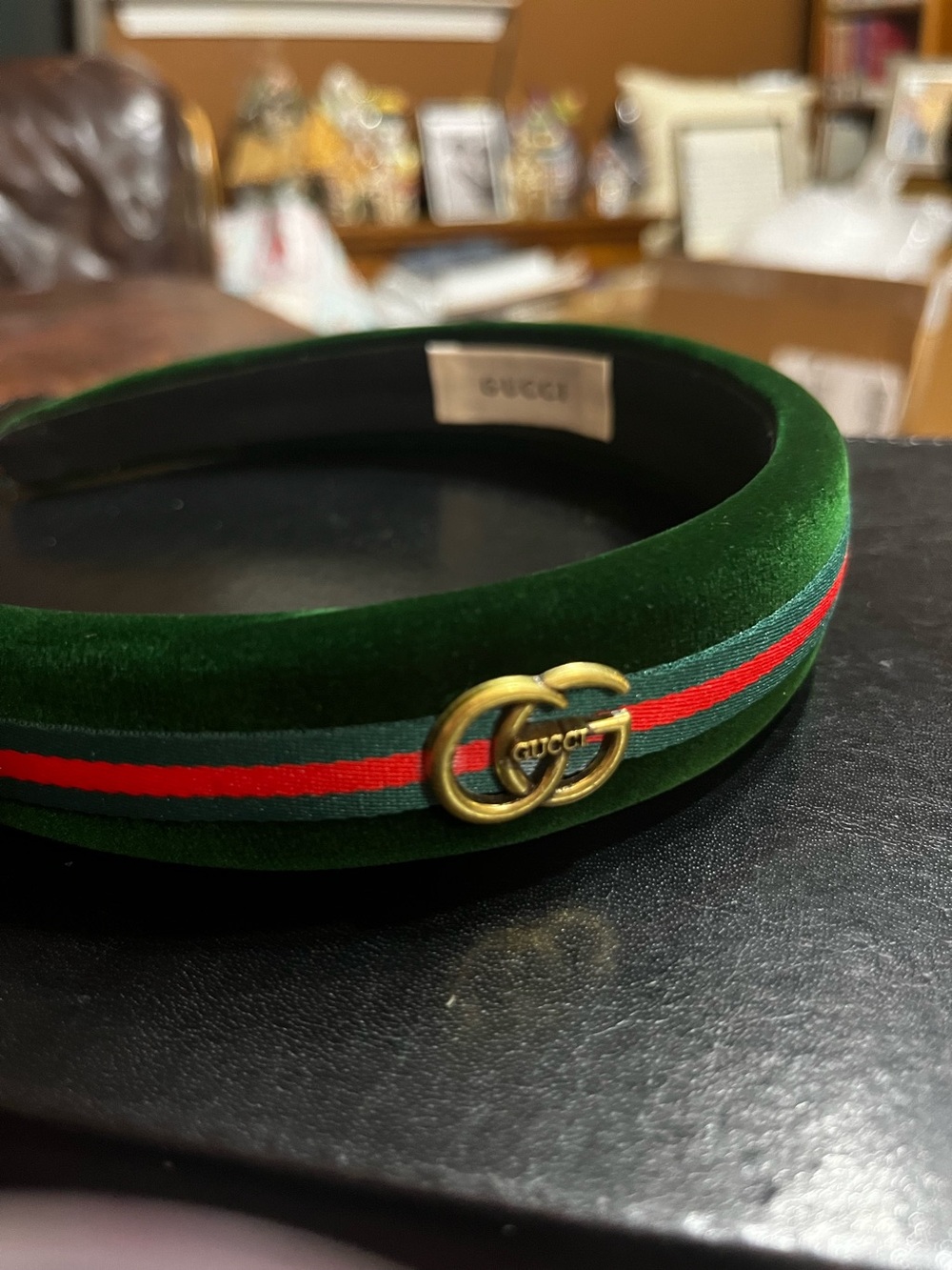 Double G Designer Deep Green Velvet Signature Letter Headband - Picture 3 of 7